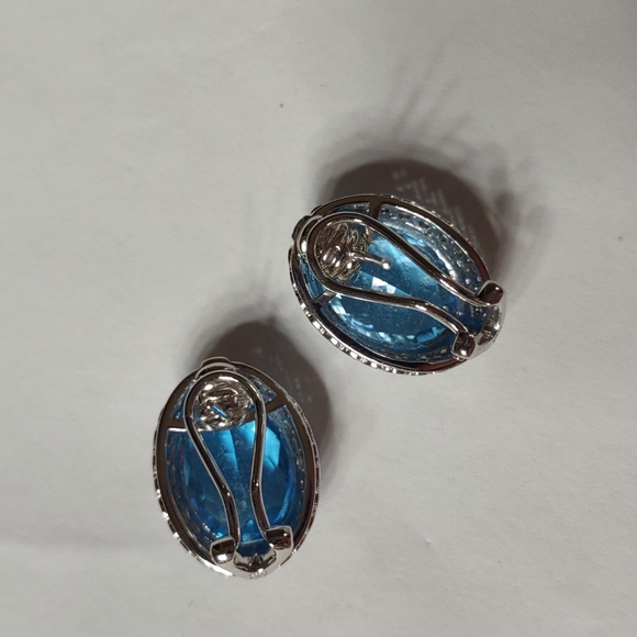 Hold For Sara- Blue Topaz earrings 14kt white gold, channel set diamonds, French - Picture 6 of 9